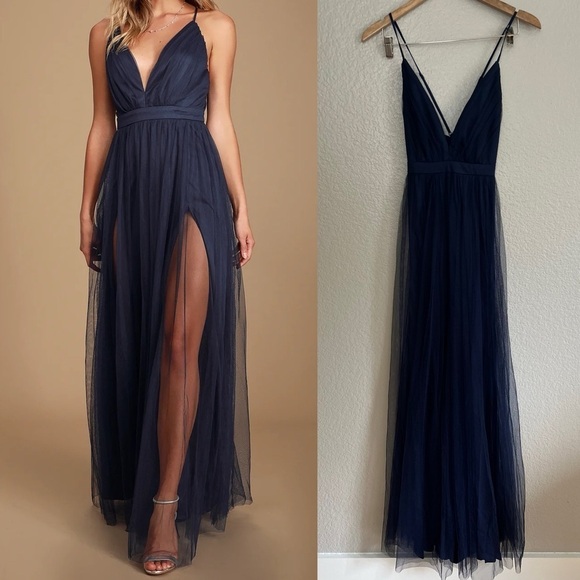 NWOT Rare Beauty Navy Blue Tulle Backless Maxi Dress - Picture 1 of 7